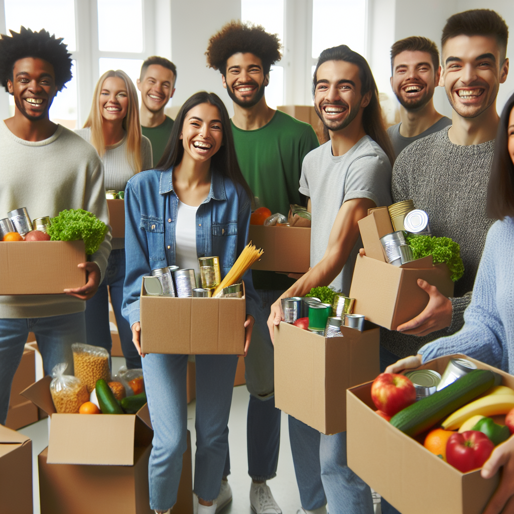 Image générée par IA - Des bénévoles souriants distribuant des colis alim...